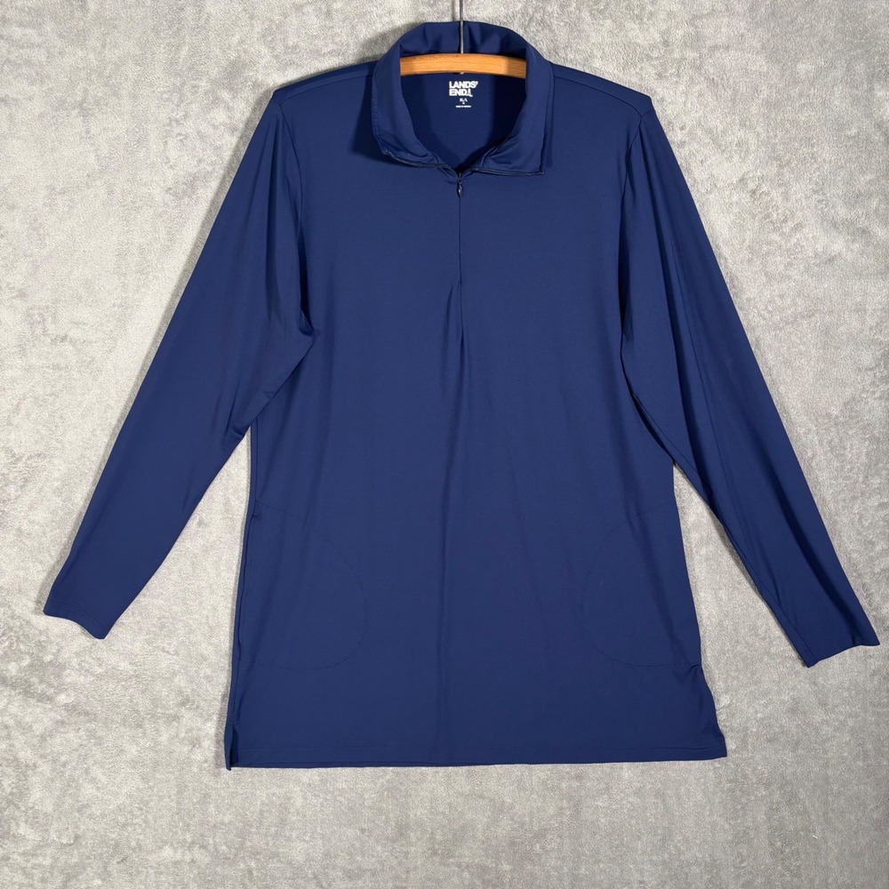 Lands End Womens XL L 18 Navy Blue Quarter Zip Long Sleeve‎ Tunic Top Pockets